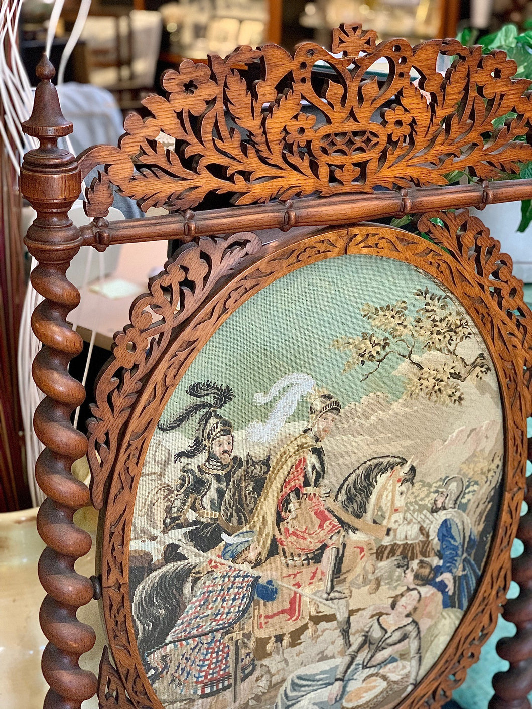 Antique fire screen, needlepoint and hand carved oak