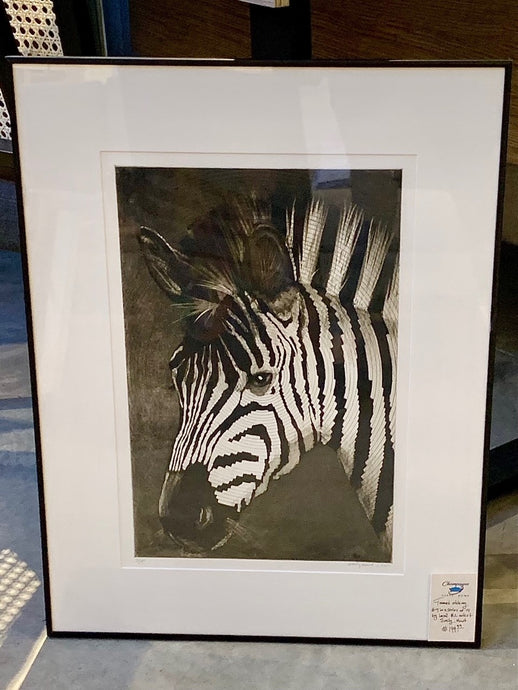 BC artist, Emily Hunt 7/15 framed etching, Zebra