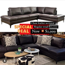 "Chase" genuine natural leather sectional in rich espresso, brown