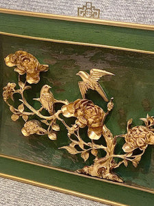 Vintage hand carved, gold leafed wood panel with raw silk matt