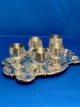 Etched silverplate by Yeoman, 5 liquor glasses and scalloped tray