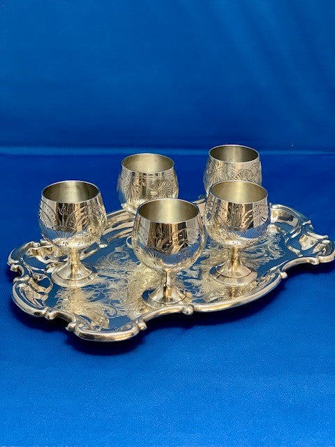 Etched silverplate by Yeoman, 5 liquor glasses and scalloped tray