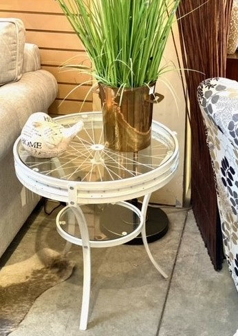 white metal wheel accent table